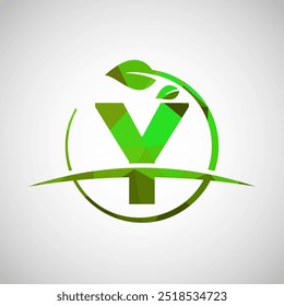 English alphabet Y with circle leaf and swoosh. Eco-friendly logo concept. Low poly logo for ecological business and company identity