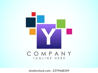 English alphabet Y with data pixel. Creative technological modern data pixel logo