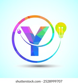 English alphabet Y with electric bulb and plug. Low poly style electricity and technology logo