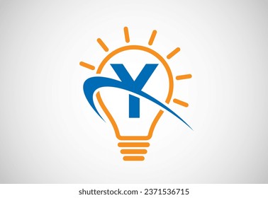 English alphabet Y with light bulb and swoosh. Electric bulb logo vector template. Electricity logo