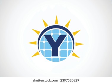 English alphabet Y with solar panel and sun sign. Sun solar energy logo vector illustration