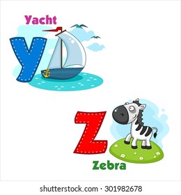 English alphabet  Y Z with letters and pictures to them