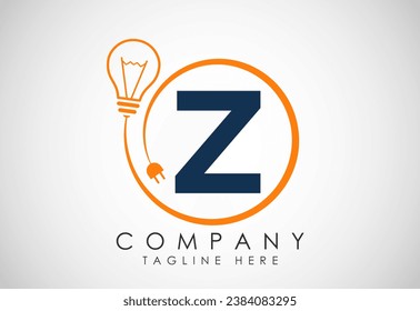 English alphabet Z in a circle with electric bulb and plug. Electricity, industrial and technology logo