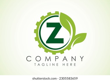 English alphabet Z with gear and leaf. Eco technology logo, Green eco tech logo template design vector. Nature Industry