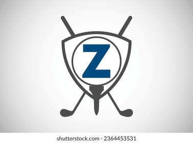 English alphabet Z with golf ball, golf stick and shield sign. Modern logo design for golf clubs.