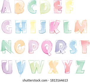 English alphabets in many colors illustration watercolor. Multi-coloured cartoon letters on a white background for kids