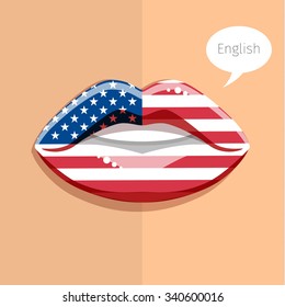 English american language concept. Glamour lips with make-up of the British flag, woman face. Flat design, vector illustration.