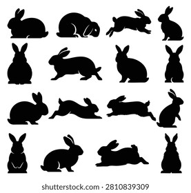 English Angora Rabbit Silhouette Vector Set - Fluffy Bunny and Hare Clipart