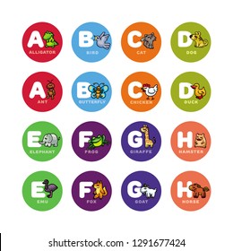 English animal alphabet for preschool education with 2 different meanings of letters. Part 1. Set of letters from A to H.