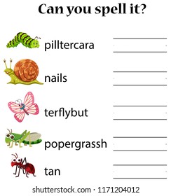 English animal spell worksheet illustration