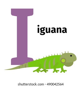 English animals zoo alphabet with letter I. Iguana vector illustration