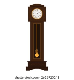 Inglês antique high long case clock conhecido como relógio avô para halls vetor icon. Relógio vintage em caixa longa