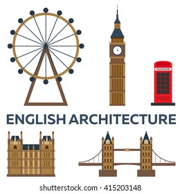 English architecture. Tourism. Traveling illustration London city. Modern flat design. Big Ban. England