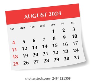 ENGLISH AUGUST 2024 calendar. Vector illustration. Monthly planning for your business events