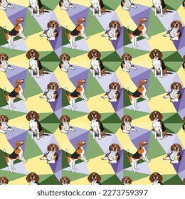 English Beagle dog on a mosaic geometric background. Funky, colorful vibe, rainbow colors palette. Simple, clean, modern texture. Geometric, polygon style. Summer seamless pattern with dogs.Triangles.