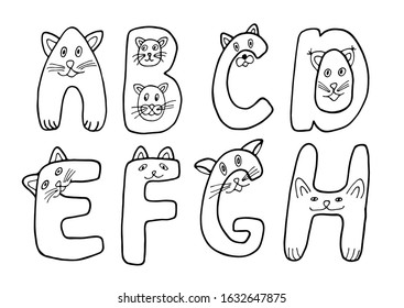 English black and white letters with cat in doodles style. Kids font vector Illustration on a white background.