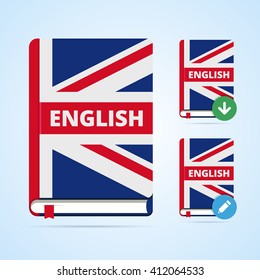 English book illustration with download and edit icons. Vector image for web or print.
