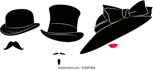 English bowler hat, cylinder, moustache for a real gentleman and womens elegant hat with bowknot for ladies and lips