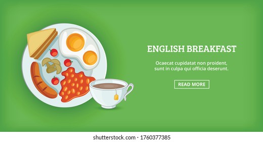 English breakfast banner horizontal concept. Cartoon illustration of english breakfast banner horizontal vector for web