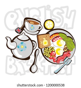 English Breakfast cartooning illustration. English breakfast fun objects, icons with deroration elements - teapot, cup, plate with food. Traditional English breakfast vector illustration isolated