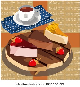 
English breakfast with cheesecakes and tea