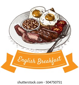 English breakfast colorful illustration. Vector illustration of breakfast.
