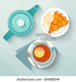 English breakfast with a cup of tea, apricot pie and teapot. Concept for menu cafes and bars. Flat lay design with long shadows. Vector illustration.