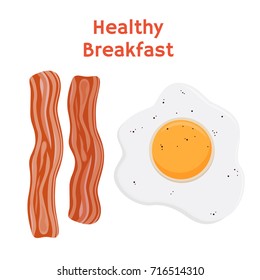 English breakfast - egg, bacon. Fried meat with egg. Made in cartoon flat style. Vector illustration