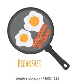 English breakfast - egg, bacon on pan. Fried meat with egg. Made in cartoon flat style. Vector illustration