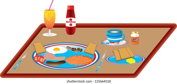An English Breakfast of Eggs,Bacon,Sausage,Baked Beans,Tomatoes,Mushrooms And Toast with Orange Juice and Coffee