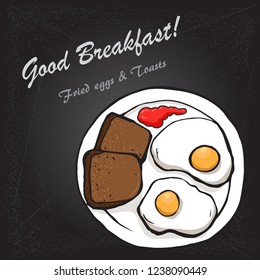 English Breakfast with Fried Egg and toasts on the Plate. Illustration on chalk-board Background