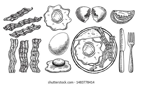 English breakfast with fried eggs, bacon, cheese, tomatoes on the plate, fork and knife. Vector hand drawn illustration. Scrambled eggs constructor