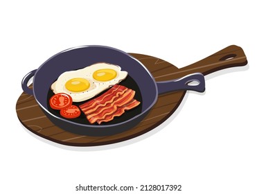 English breakfast. Fried eggs with bacon in a cast iron skillet. Cartoon hand drawn vector illustration.