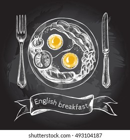 English breakfast with fried eggs, bacon, sausage, beans, tomatoes and mushrooms on the plate, fork and knife. Vector hand drawn illustration. Poster on the chalkboard.