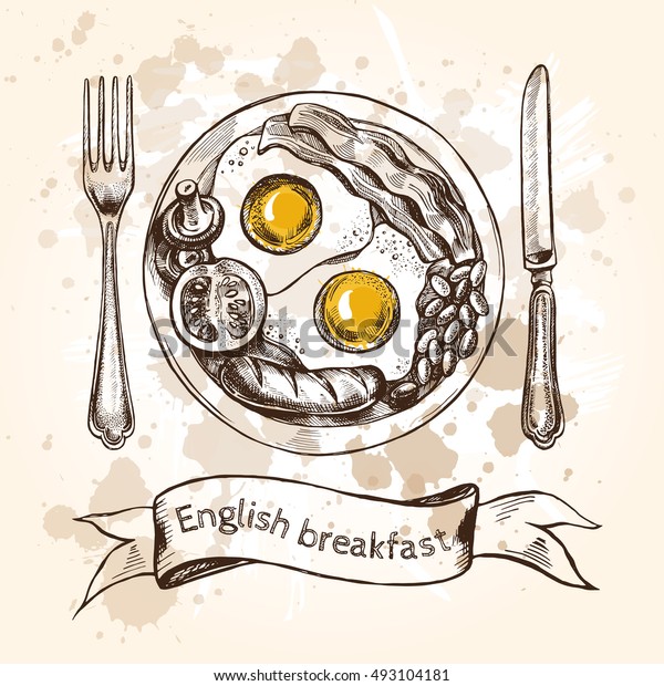 朝食に卵焼き ベーコン ソーセージ 豆類 トマト キノコを皿 フォーク ナイフの上に乗せたイギリスの朝食 ベクター手描きのイラスト のベクター画像素材 ロイヤリティフリー