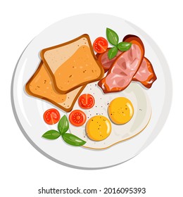 english breakfast with fried eggs, becon pieces, timatoes and Tosts. Vector illustration isolated on white background.