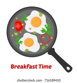 English breakfast - fried eggs with vegetables on pan. Made in cartoon flat style. Vector illustration