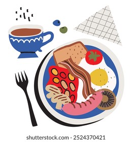 Ilustración de desayuno inglés vista superior de la mesa. Plato tradicional. Vector aislado. Formas geométricas, setas, tocino, tomates, té, frijoles, huevo, servilleta, salchicha.