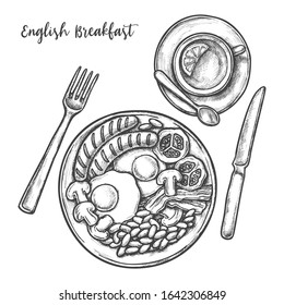 English breakfast menu, vector sketch illustration of restaurant menu. Hand drawn sketch of traditional English breakfast eggs, bacon and grilled sausages with baked beans and tea with lemon