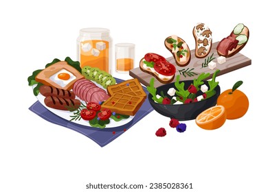 English breakfast on dish: toast with scrambled eggs, orange juice, sausages. Flying food, eating levitating. Meal with vegetables, toasts with meat. Flat isolated vector illustration on white.a