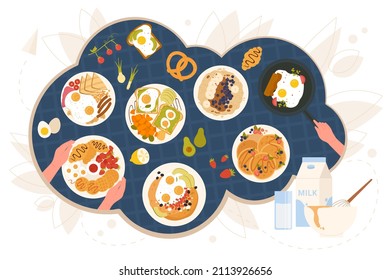 English breakfast on kitchen table, morning food. Top view of hands cooking and eating scrambled and fried eggs with sausages, avocado toasts, pancakes with jam on plates flat vector illustration svg