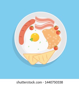 English breakfast on plate. Fried egg,Bacon,Sausage,Toast bread and Beans. Vector illustration