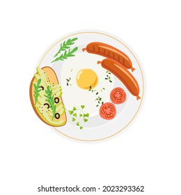 English Breakfast On Plate. Traditional English Breakfast With Fried Egg,, Tomato, Sausage, Toast. Overhead View Of Isolated Food. Vector Illustration On White. Flat Design For Menu, Cafe, Restaurant.