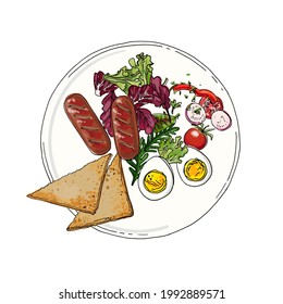 English breakfast on a plate. Vector sketch of food in ink on a white background.