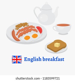 English breakfast plate with sausage, egg, becon, tomato and beans. Traditional tea and toasted bread. London cafe menu vector.