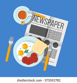 English Breakfast scrambled eggs with bacon and tea top view. Newspaper on table with food illustration. Morning breakfast food and drink. Plates with Breakfast. Family Breakfast in London.