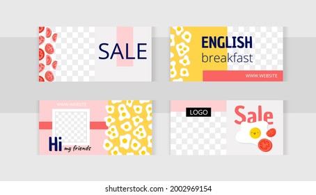 English breakfast, scrambled eggs with tomatoes. Set of horizontal photo collage banners. Minimalism templates for social media posting and online advertising. Trend vector illustration.