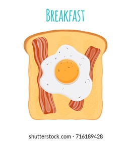 English breakfast - toast, egg, bacon. Fried meat with bread. Made in cartoon flat style. Vector illustration