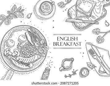 Marco de la vista superior del desayuno inglés. Ilustración vectorial dibujada a mano.