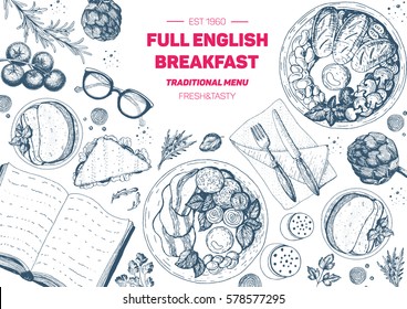 English breakfast top view frame. English food menu design. Vintage hand drawn sketch vector illustration